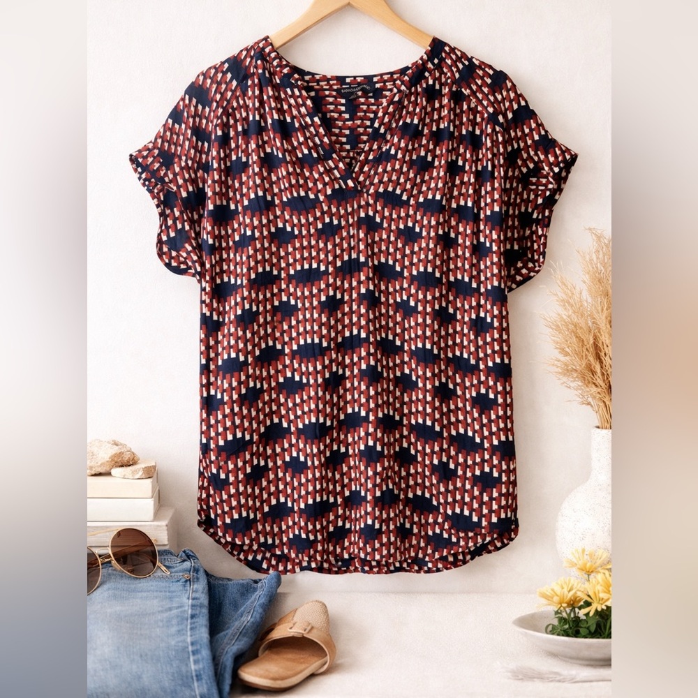 Banana Republic Navy & Rust Geometric Short Sleeve Blouse